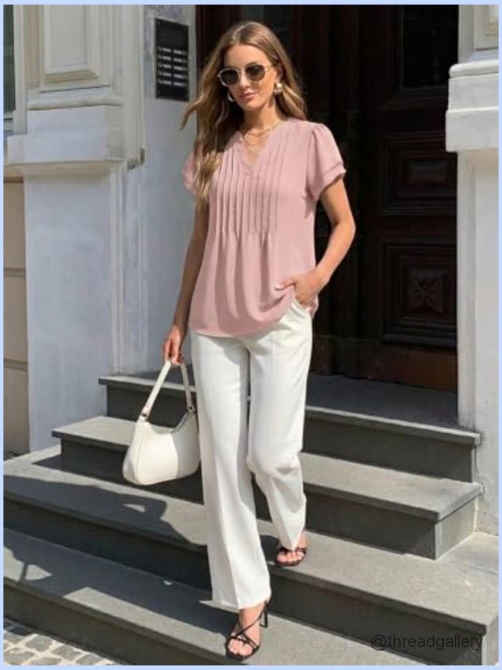 Women's Dressy Casual Short Sleeve Pintuck Chiffon Blouse Tunic Top - Picture 5 of 7
